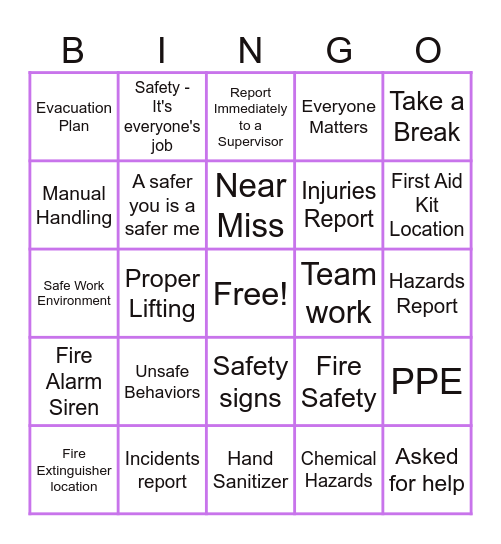 Safety Bingo Card