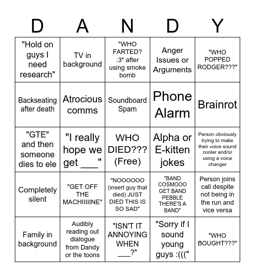 Dandy's World VC Run Bingo REVAMP Bingo Card