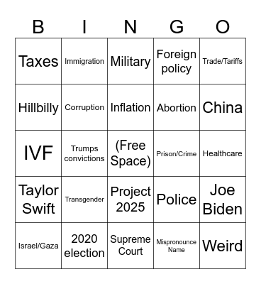 VP Debate Bingo Card