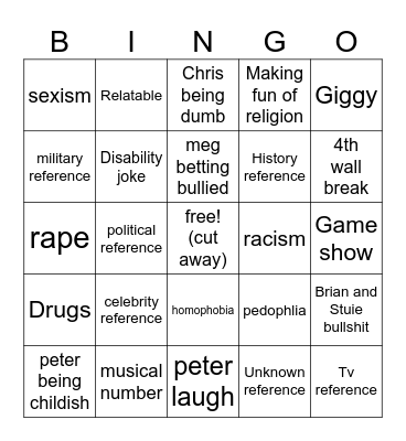 family guy Bingo Card