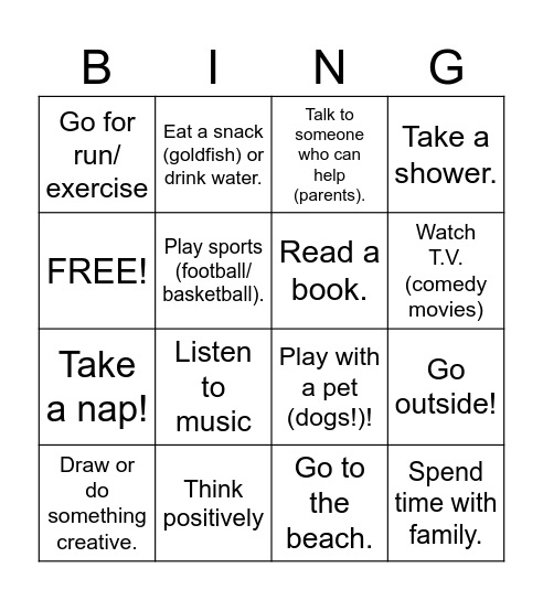 Coping Skills Bingo Card