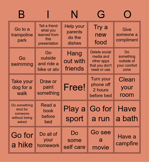 Healthy Habits Bingo Card