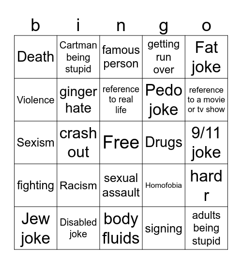 South Park Bingo Card