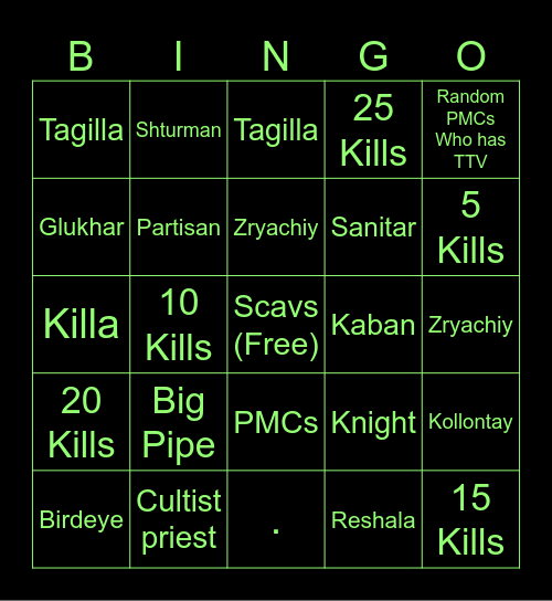 Tarkov Bingo Card