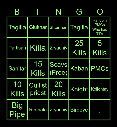 Tarkov Bingo Card