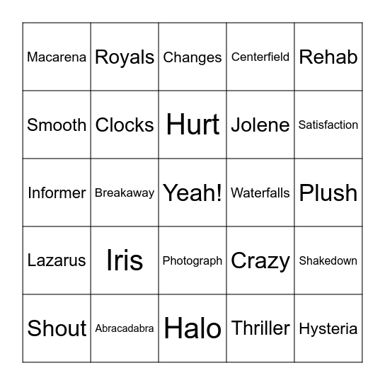 One Word Song Titles Bingo Card