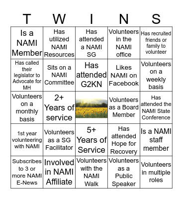 NAMI Volunteers Bingo Card