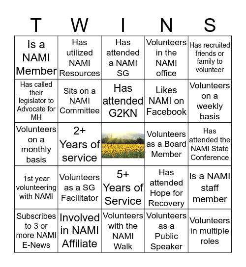 NAMI Volunteers Bingo Card