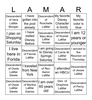 LaMar Family Reunion 2016 Bingo Card