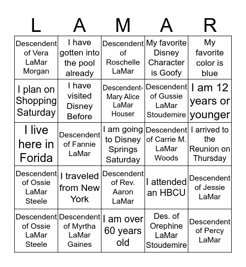 LaMar Family Reunion 2016 Bingo Card