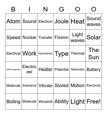 Kinetic Energy Bingo Card