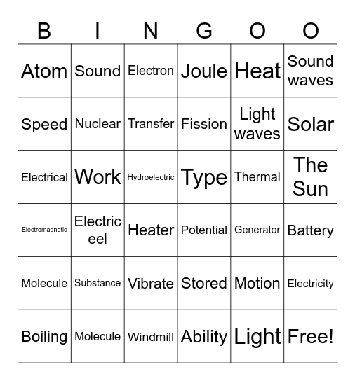 Kinetic Energy Bingo Card