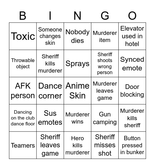 Murder Mystery Bingo Card