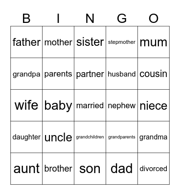 Family members Bingo Card
