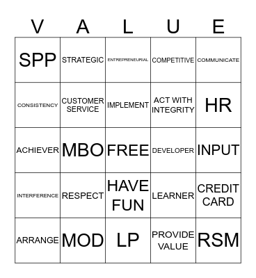 CORE VALUE Bingo Card