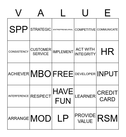 CORE VALUE Bingo Card