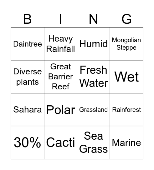 Biomes Bingo Card