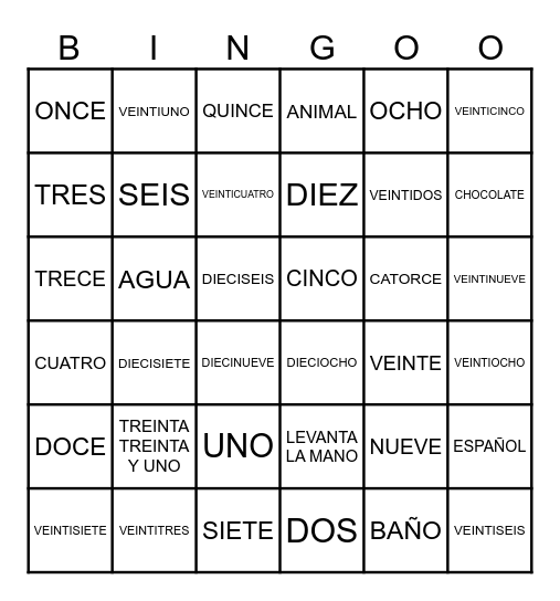 NUMERO Bingo Card