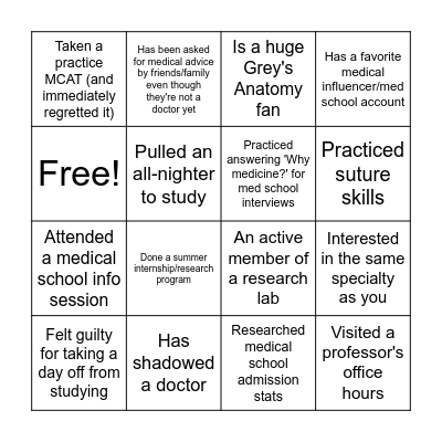 Premed Club Bingo Card