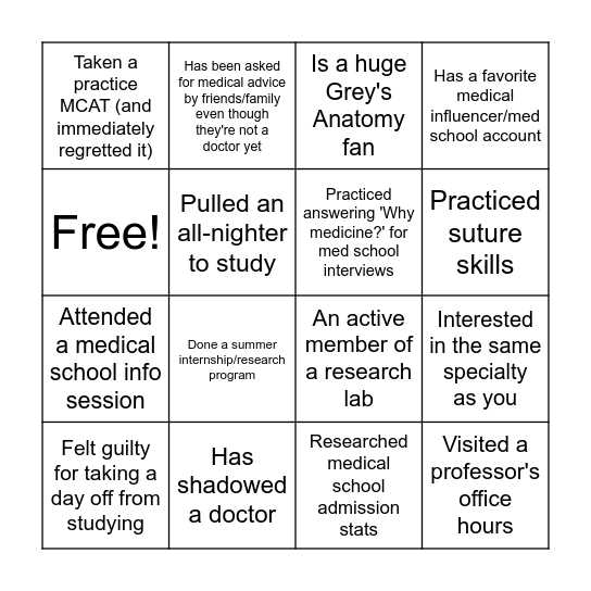 Premed Club Bingo Card