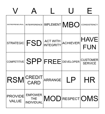 CORE VALUE Bingo Card