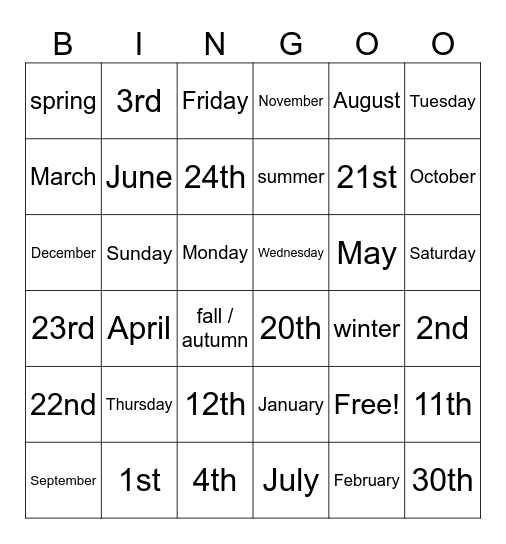 Months, Days, Weather, Seasons, Dates Bingo Card