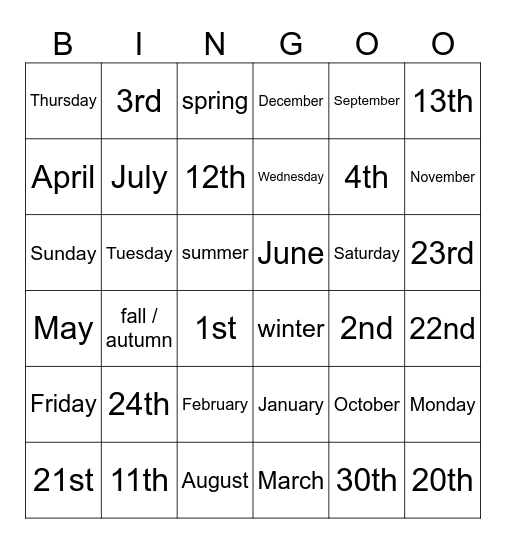 Months, Days, Weather, Seasons, Dates Bingo Card