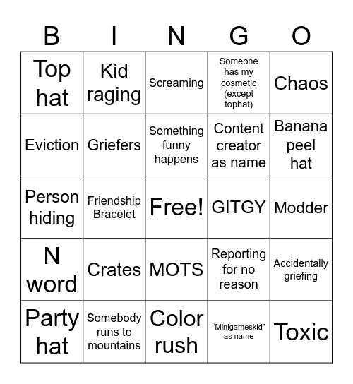 Gorilla Tag Minigames Bingo Card