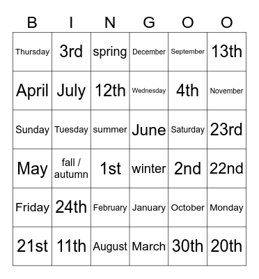 Months, Days, Weather, Seasons, Dates Bingo Card