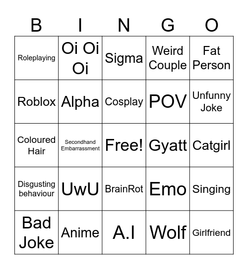 Cringe Bingo Card