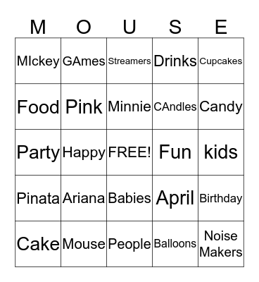 Ariana's 1st Birthday Bingo Card