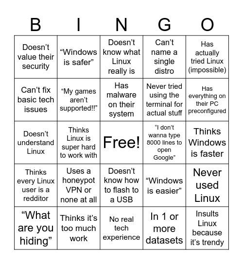 Windows User Insulting Linux Bingo Card