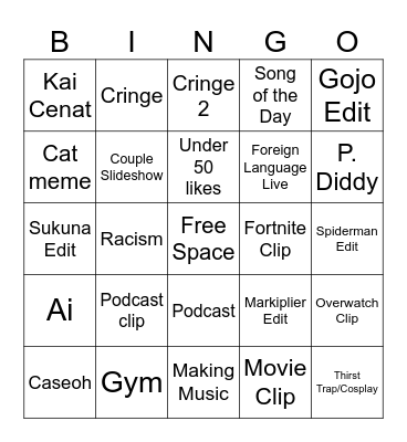 Zero's Tiktok Bingo Card