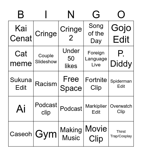 Zero's Tiktok Bingo Card