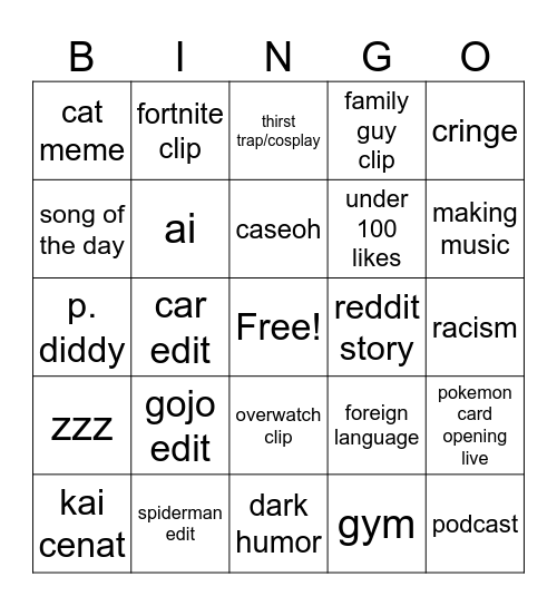 Zeros Tiktok Bingo Card