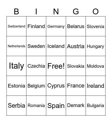 Europe Countries- River Bingo Card