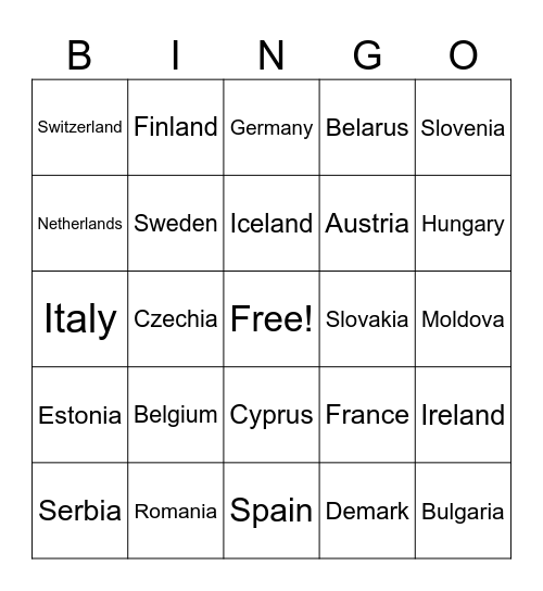 Europe Countries- River Bingo Card