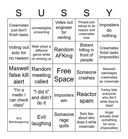 Fartsy Among Us Bingo Card