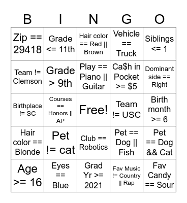 APCSP Boolean Bingo Card