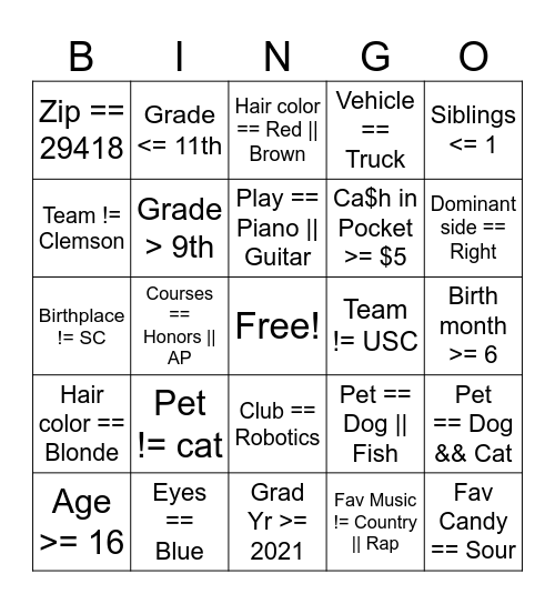 APCSP Boolean Bingo Card