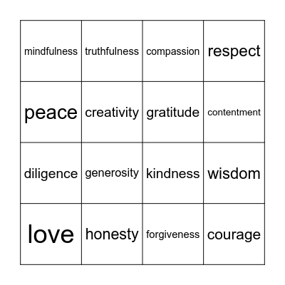 Virtues Bingo Card