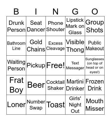 Jennifer's Bridal Bar Bingo Card