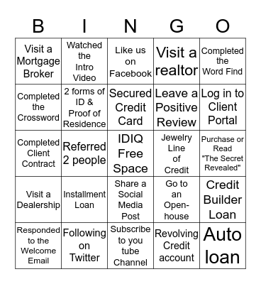 Credit Coach presents Credit Repair BINGO Card