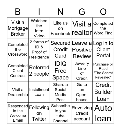 Credit Coach presents Credit Repair BINGO Card