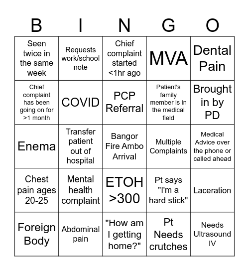 Emergency BINGO Card