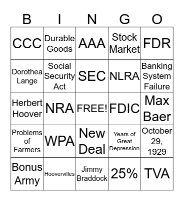 Great Depression  Bingo Card