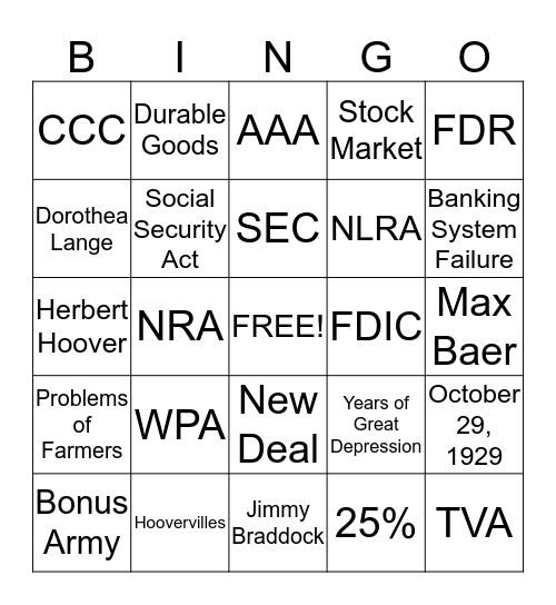 Great Depression  Bingo Card