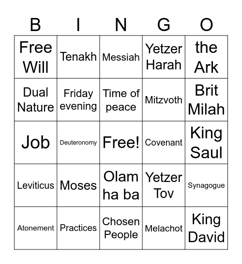 Judaism Revision Bingo Card