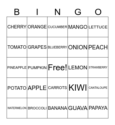 FRUIT/VEGGIES Bingo Card