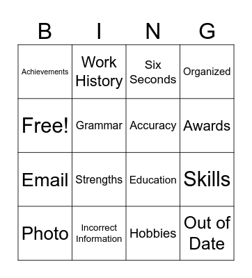 Resume Building Bingo Card